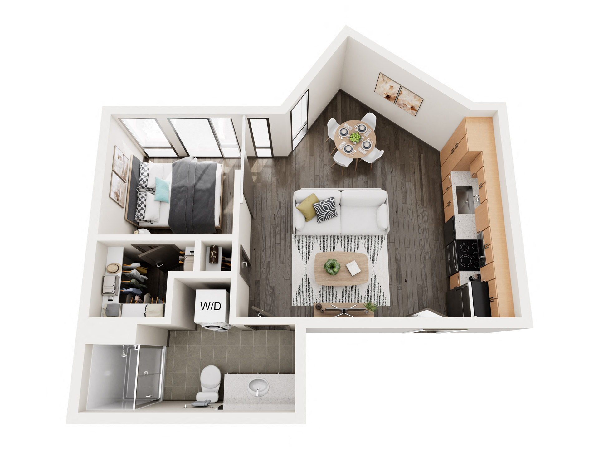 Floor plan for 1 bed, 1 bath, 596 sqft